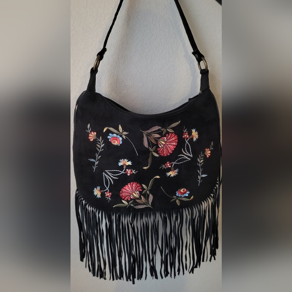 Y2K Black Embroidered Fringe Shoulder Bag Boho 90s Floral Suede Look - Picture 3 of 15